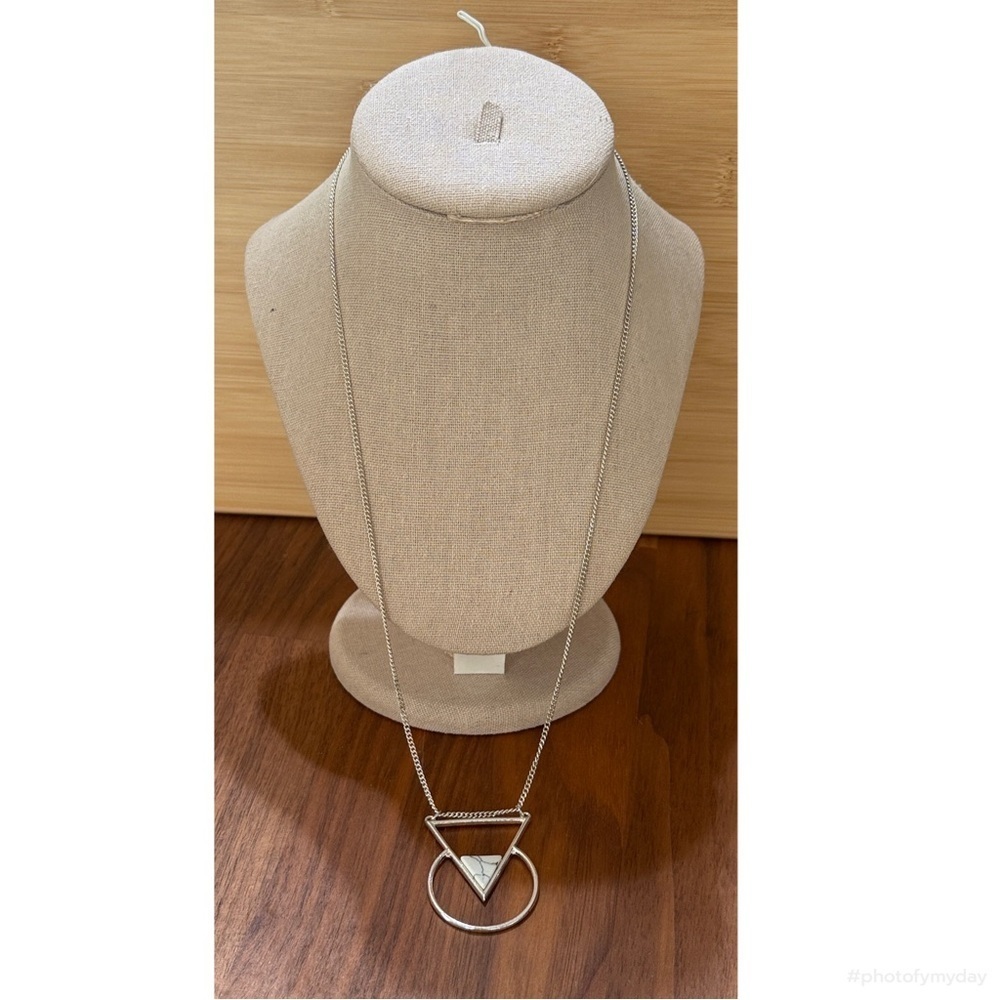 Zad Silver Tone Triangle with Geometric Faux Marble White Pendant Necklace